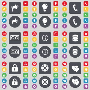 Megaphone, Light bulb, Receiver, Cassette, Information, Database, Lock, Videotape, Heart icon symbol. A large set of flat, colored buttons for your design. illustration