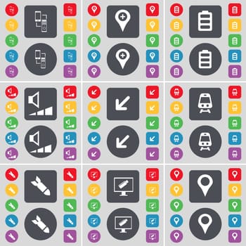Connection, Checkpoint, Battery, Volume, Deploying screen, Train, Rocket, Monitor, Checkpoint icon symbol. A large set of flat, colored buttons for your design. illustration