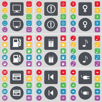 Monitor, Warning, Venus symbol, Gas station, Gift, Note, Credit card, Media skip, Socket icon symbol. A large set of flat, colored buttons for your design. illustration