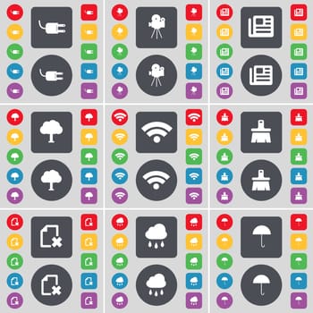 Socket, Film camera, Newspaper, Tree, Wi-Fi, Brush, File, Cloud, Umbrella icon symbol. A large set of flat, colored buttons for your design. illustration