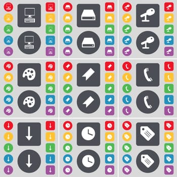 PC, Hard drive, Microphone, Palette, Marker, Receiver, Arrow down, Clock, Tag icon symbol. A large set of flat, colored buttons for your design. illustration