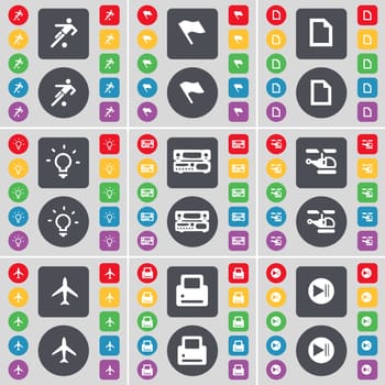Silhouette, Flag, File, Light bulb, Record-player, Helicopter, Airplane, Printer, Media skip icon symbol. A large set of flat, colored buttons for your design. illustration