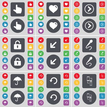 Hand, Heart, Arrow right, Lock, Deploying screen, Microphone, Umbrella, Reload, Connection icon symbol. A large set of flat, colored buttons for your design. illustration