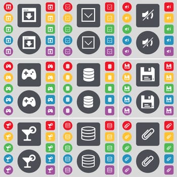 Window, Arrow down, Mute, Gamepad, Database, Floppy, Cocktail, Database, Clip icon symbol. A large set of flat, colored buttons for your design. illustration