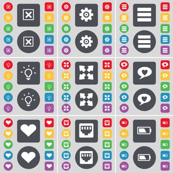 Stop, Gear, Apps, Light bulb, Full screen, Chat bubble, Heart, LAN socket, Battery icon symbol. A large set of flat, colored buttons for your design. illustration