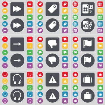 Rewind, Tag, Speaker, Arrow right, Dislike, Flag, Headphones, Warning, Suitcase icon symbol. A large set of flat, colored buttons for your design. illustration