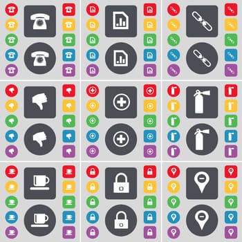 Retro phone, Diagram file, Link, Dislike, Plus, Fire extinguisher, Cup, Lock, Checkpoint icon symbol. A large set of flat, colored buttons for your design. illustration