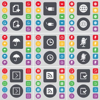 File, Socket, Globe, Umbrella, Clock, Microphone, Arrow right, RSS, Survey icon symbol. A large set of flat, colored buttons for your design. illustration