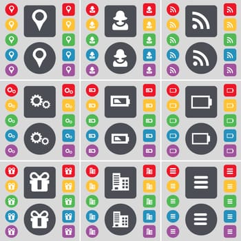 Checkpoint, Avatar, RSS, Gear, Battery, Gift, Building, Apps icon symbol. A large set of flat, colored buttons for your design. illustration