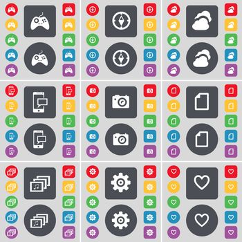 Gamepad, Compass, Cloud, SMS, Camera, File, Gallery, Gear, Heart icon symbol. A large set of flat, colored buttons for your design. illustration