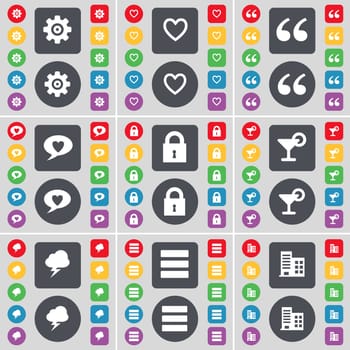 Gear, Heart, Quotation mark, Chat bubble, Lock, Cocktail, Lightning, Apps, Building icon symbol. A large set of flat, colored buttons for your design. illustration