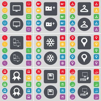 Monitor, Cassette, Hager, Connection, Snowflake, Checkpoint, Medal, Floppy, PC icon symbol. A large set of flat, colored buttons for your design. illustration