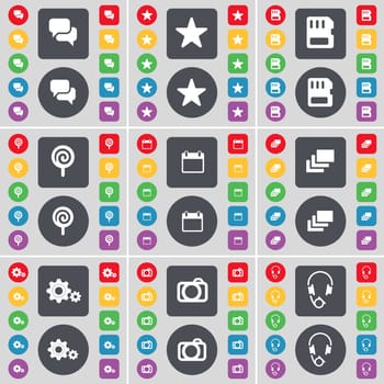 Chat, Star, SIM card, Lollipop, Calendar, Gallery, Gear, Camera, Headphones icon symbol. A large set of flat, colored buttons for your design. illustration