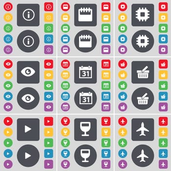 Information, Calendar, Processor, Vision, Calendar, Basket, Media play, Wineglass, Airplane icon symbol. A large set of flat, colored buttons for your design. illustration