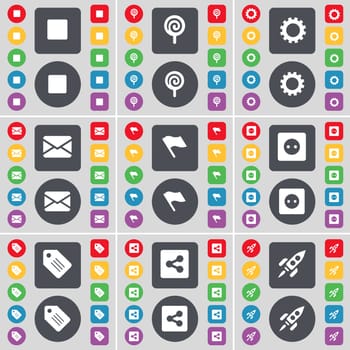 Media stop, Lollipop, Gear, Message, Flag, Socket, Tag, Share, Rocket icon symbol. A large set of flat, colored buttons for your design. illustration