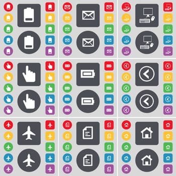 Battery, Message, PC, Hand, Arrow left, Airplane, Text file, House icon symbol. A large set of flat, colored buttons for your design. illustration