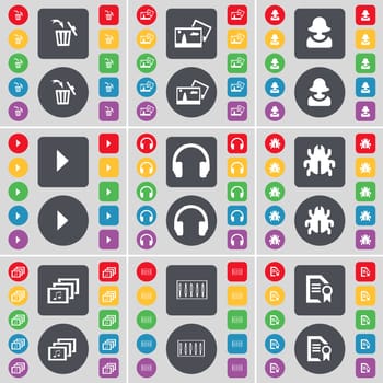 Trash can, Picture, Avatar, Media play, Headphones, Bug, Gallery, Equalizer, Text file icon symbol. A large set of flat, colored buttons for your design. illustration