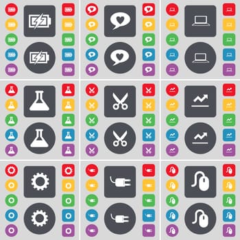 Charging, Chat bubble, Laptop, Flask, Silhouette, Graph, Gear, Socket, Mouse icon symbol. A large set of flat, colored buttons for your design. illustration