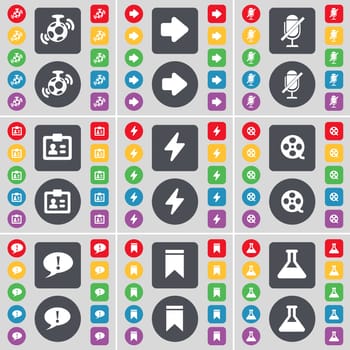 Speaker, Arrow right, Microphone, Contact, Flash, Videotape, Checkpoint, Marker, Flask icon symbol. A large set of flat, colored buttons for your design. illustration