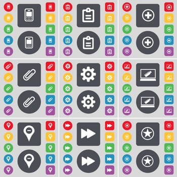 Mobile phone, Survey, Plus, Clip, Gear, Laptop, Checkpoint, Rewind, Star icon symbol. A large set of flat, colored buttons for your design. illustration