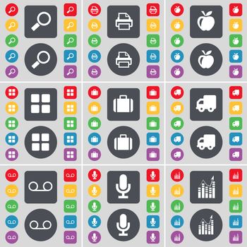 Magnifying glass, Printer, Apps, Apps, Suitcase, Truck, Cassette, Microphone, Graph icon symbol. A large set of flat, colored buttons for your design. illustration