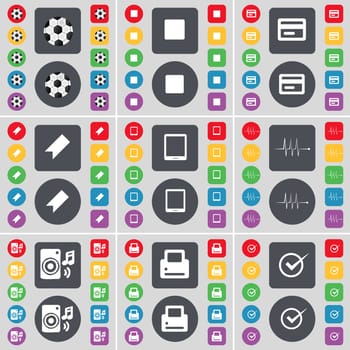 Ball, Media stop, Credit card, Marker, Tablet PC, Pulse, Speaker, Printer, Tick icon symbol. A large set of flat, colored buttons for your design. illustration