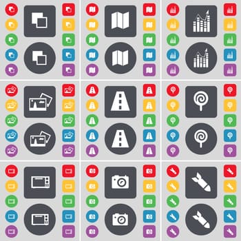 Copy, Map, Graph, Picture, Road, Lollipop, Microwave, Camera, Rocket icon symbol. A large set of flat, colored buttons for your design. illustration