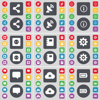 Share, Satellite dish, Information, Socket, Notebook, Gear, Chat, Cloud, Battery icon symbol. A large set of flat, colored buttons for your design. illustration