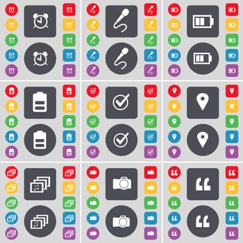Alarm clock, Microphone, Battery, Tick, Checkpoint, Gallery, Camera, Quotation mark icon symbol. A large set of flat, colored buttons for your design. illustration