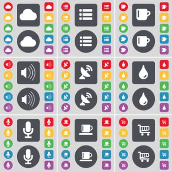 Cloud, List, Cup, Sound, Satellite dish, Drop, Microphone, Shopping cart icon symbol. A large set of flat, colored buttons for your design. illustration