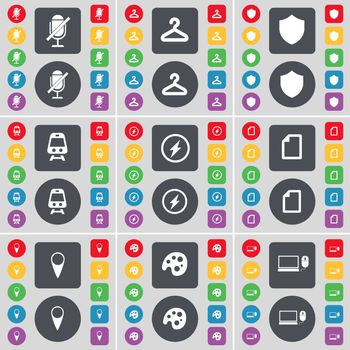 Microphone, Hager, Badge, Train, Flash, File, Checkpoint, Palette, Laptop icon symbol. A large set of flat, colored buttons for your design. illustration