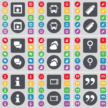 Window, Bus, USB, Chat, Cloud, Checkpoint, Information, Microwave, Quotation mark icon symbol. A large set of flat, colored buttons for your design. illustration