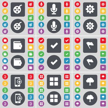 Window, Microphone, Gear, Wallet, Tick, Flag, Smartphone, Apps, Tree icon symbol. A large set of flat, colored buttons for your design. illustration