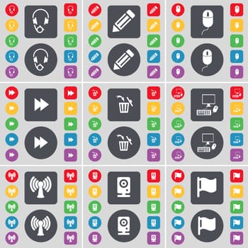 Headphones, Pencil, Mouse, Rewind, Trash can, PC, Wi-Fi, Speaker, Flag icon symbol. A large set of flat, colored buttons for your design. illustration