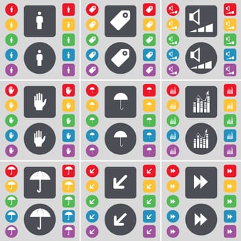Silhouette, Tag, Volume, Hand, Umbrella, Graph, Deploying screen, Rewind icon symbol. A large set of flat, colored buttons for your design. illustration