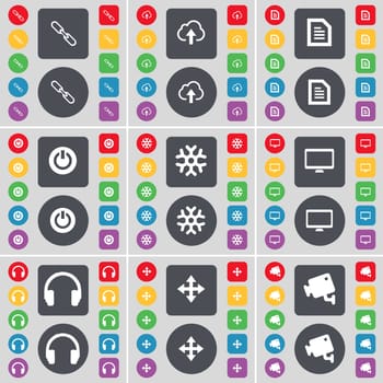 Link, Cloud, Text file, Power, Snowflake, Monitor, Headphones, Moving, CCTV icon symbol. A large set of flat, colored buttons for your design. illustration