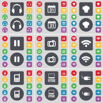 Headphones, Camera, Cooking hat, Pause, Camera, Wi-Fi, Mobile phone, Laptop, Socket icon symbol. A large set of flat, colored buttons for your design. illustration