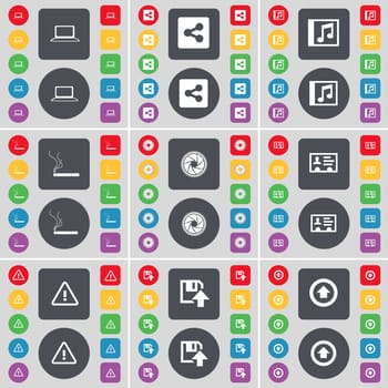 Laptop, Share, Music window, Cigarette, Lens, Contact, Warning, Floppy, Arrow up icon symbol. A large set of flat, colored buttons for your design. illustration