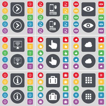 Arrow right, Smartphone, Vision, Monitor, Hand, Cloud, Information, Suitcase, Apps icon symbol. A large set of flat, colored buttons for your design. illustration