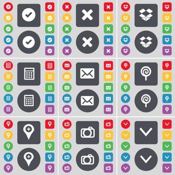 Tick, Stop, Dropbox, Calculator, Message, Lollipop, Checkpoint, Camera, Arrow down icon symbol. A large set of flat, colored buttons for your design. illustration
