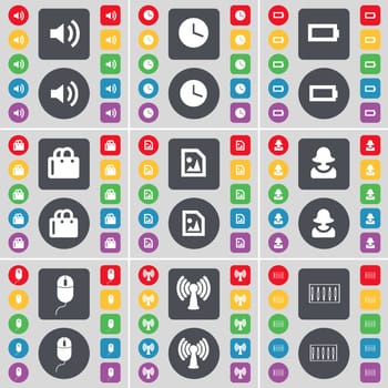 Sound, Clock, Battery, Shopping bag, Media file, Avatar, Mouse, Wi-Fi, Equalizer icon symbol. A large set of flat, colored buttons for your design. illustration