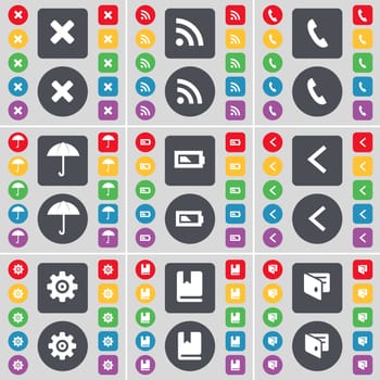 Stop, RSS, Receiver, Umbrella, Battery, Arrow left, Gear, Dictionary, Wallet icon symbol. A large set of flat, colored buttons for your design. illustration