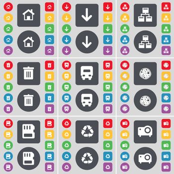 House, Arrow down, Network, Trash can, Truck, Pizza, SIM card, Recycling, Projector icon symbol. A large set of flat, colored buttons for your design. illustration