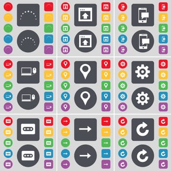 Star, Window, SMS, Laptop, Checkpoint, Gear, Cassette, Arrow right, Reload icon symbol. A large set of flat, colored buttons for your design. illustration