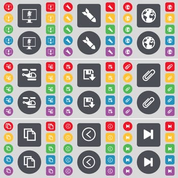Monitor, Rocket, Earth, Helicopter, Clip, Copy, Arrow left, Media skip icon symbol. A large set of flat, colored buttons for your design. illustration