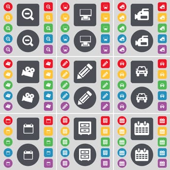 Magnifying glass, Monitor, Film camera, Pencil, Car, Calendar, Bed-table icon symbol. A large set of flat, colored buttons for your design. illustration