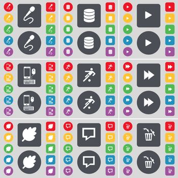 Microphone, Database, Media play, Smartphone, Silhouette, Rewind, Leaf, Chat bubble, Trash can icon symbol. A large set of flat, colored buttons for your design. illustration