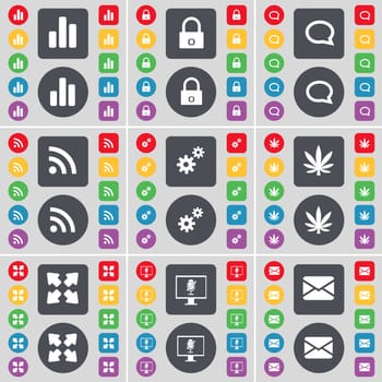 Diagram, Lock, Chat bubble, RSS, Gear, Marijuana, Full screen, Monitor, Message icon symbol. A large set of flat, colored buttons for your design. illustration