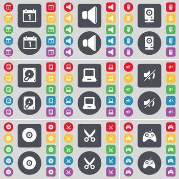 Camera, Sound, Speaker, Hard drive, Laptop, Mute, Disk, Scissors, Gamepad icon symbol. A large set of flat, colored buttons for your design. illustration