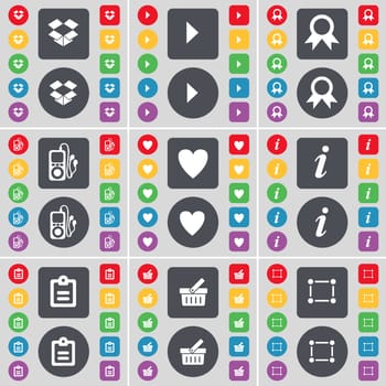 Dropbox, Media play, Medal, MP3 player, Heart, Information, Survey, Basket, Frame icon symbol. A large set of flat, colored buttons for your design. illustration